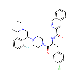 CCN(CC)C[C@H](c1ccccc1F)N1CCN(C(=O)[C@@H](Cc2ccc(Cl)cc2)NC(=O)c2cc3ccccc3cn2)CC1 ZINC000022452790