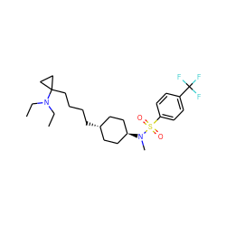 CCN(CC)C1(CCCC[C@H]2CC[C@H](N(C)S(=O)(=O)c3ccc(C(F)(F)F)cc3)CC2)CC1 ZINC000261085387