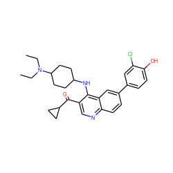 CCN(CC)C1CCC(Nc2c(C(=O)C3CC3)cnc3ccc(-c4ccc(O)c(Cl)c4)cc23)CC1 ZINC000203798082