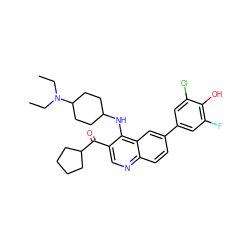 CCN(CC)C1CCC(Nc2c(C(=O)C3CCCC3)cnc3ccc(-c4cc(F)c(O)c(Cl)c4)cc23)CC1 ZINC000114038588