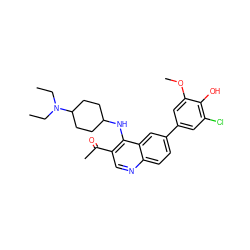 CCN(CC)C1CCC(Nc2c(C(C)=O)cnc3ccc(-c4cc(Cl)c(O)c(OC)c4)cc23)CC1 ZINC000114035963