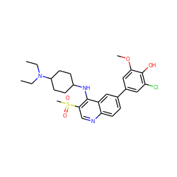 CCN(CC)C1CCC(Nc2c(S(C)(=O)=O)cnc3ccc(-c4cc(Cl)c(O)c(OC)c4)cc23)CC1 ZINC000114037186