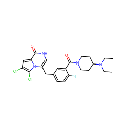 CCN(CC)C1CCN(C(=O)c2cc(Cc3c[nH]c(=O)c4cc(Cl)c(Cl)n34)ccc2F)CC1 ZINC000045337413