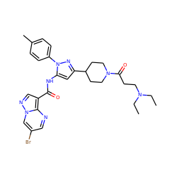 CCN(CC)CCC(=O)N1CCC(c2cc(NC(=O)c3cnn4cc(Br)cnc34)n(-c3ccc(C)cc3)n2)CC1 ZINC000204757728