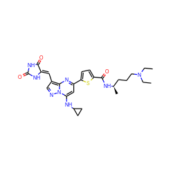 CCN(CC)CCC[C@@H](C)NC(=O)c1ccc(-c2cc(NC3CC3)n3ncc(/C=C4\NC(=O)NC4=O)c3n2)s1 ZINC000205042343