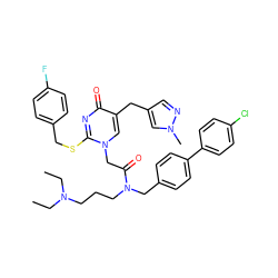 CCN(CC)CCCN(Cc1ccc(-c2ccc(Cl)cc2)cc1)C(=O)Cn1cc(Cc2cnn(C)c2)c(=O)nc1SCc1ccc(F)cc1 ZINC000026576182