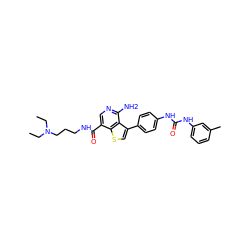 CCN(CC)CCCNC(=O)c1cnc(N)c2c(-c3ccc(NC(=O)Nc4cccc(C)c4)cc3)csc12 ZINC000063539808