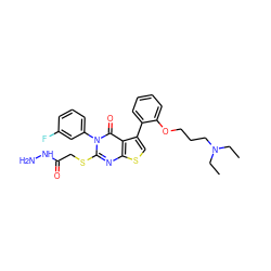 CCN(CC)CCCOc1ccccc1-c1csc2nc(SCC(=O)NN)n(-c3cccc(F)c3)c(=O)c12 ZINC000028336682