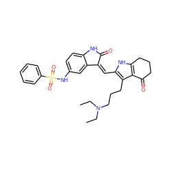 CCN(CC)CCCc1c(/C=C2\C(=O)Nc3ccc(NS(=O)(=O)c4ccccc4)cc32)[nH]c2c1C(=O)CCC2 ZINC000058568951