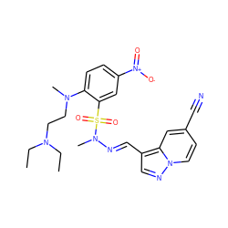 CCN(CC)CCN(C)c1ccc([N+](=O)[O-])cc1S(=O)(=O)N(C)/N=C/c1cnn2ccc(C#N)cc12 ZINC001772571238