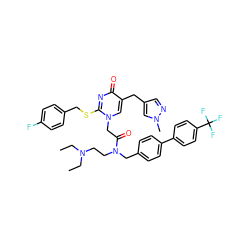 CCN(CC)CCN(Cc1ccc(-c2ccc(C(F)(F)F)cc2)cc1)C(=O)Cn1cc(Cc2cnn(C)c2)c(=O)nc1SCc1ccc(F)cc1 ZINC000003842934