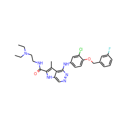 CCN(CC)CCNC(=O)c1[nH]c2cnnc(Nc3ccc(OCc4cccc(F)c4)c(Cl)c3)c2c1C ZINC000049048455