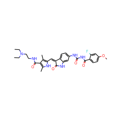 CCN(CC)CCNC(=O)c1c(C)[nH]c(/C=C2\C(=O)Nc3cc(NC(=O)NC(=O)c4ccc(OC)cc4F)ccc32)c1C ZINC000205833864