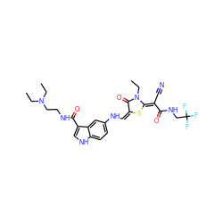 CCN(CC)CCNC(=O)c1c[nH]c2ccc(N/C=c3/s/c(=C(/C#N)C(=O)NCC(F)(F)F)n(CC)c3=O)cc12 ZINC000101204369