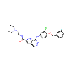 CCN(CC)CCNC(=O)c1cc2cnnc(Nc3ccc(OCc4cccc(F)c4)c(Cl)c3)c2[nH]1 ZINC000049110370