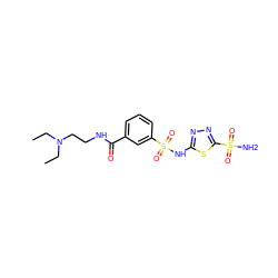 CCN(CC)CCNC(=O)c1cccc(S(=O)(=O)Nc2nnc(S(N)(=O)=O)s2)c1 ZINC000003925311