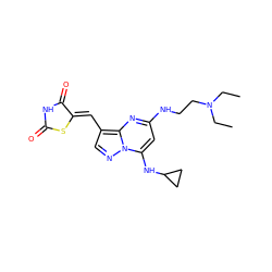 CCN(CC)CCNc1cc(NC2CC2)n2ncc(/C=C3\SC(=O)NC3=O)c2n1 ZINC000117833833