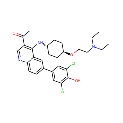 CCN(CC)CCO[C@H]1CC[C@H](Nc2c(C(C)=O)cnc3ccc(-c4cc(Cl)c(O)c(Cl)c4)cc23)CC1 ZINC000473183237