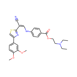 CCN(CC)CCOC(=O)c1ccc(N/C=C(/C#N)c2nc(-c3ccc(OC)c(OC)c3)cs2)cc1 ZINC000009010125