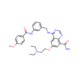 CCN(CC)CCOc1cc(C(N)=O)c2ncnc(NCc3cccc(NC(=O)c4ccc(OC)cc4)c3)c2c1 ZINC000114348633