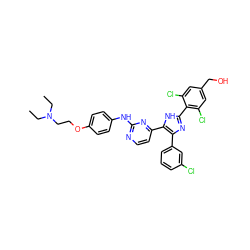 CCN(CC)CCOc1ccc(Nc2nccc(-c3[nH]c(-c4c(Cl)cc(CO)cc4Cl)nc3-c3cccc(Cl)c3)n2)cc1 ZINC000068014416