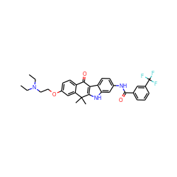 CCN(CC)CCOc1ccc2c(c1)C(C)(C)c1[nH]c3cc(NC(=O)c4cccc(C(F)(F)F)c4)ccc3c1C2=O ZINC000116888729