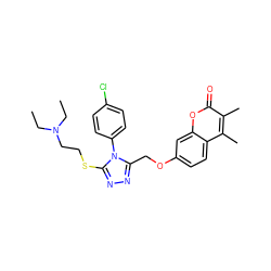 CCN(CC)CCSc1nnc(COc2ccc3c(C)c(C)c(=O)oc3c2)n1-c1ccc(Cl)cc1 ZINC000095575260