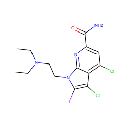 CCN(CC)CCn1c(I)c(Cl)c2c(Cl)cc(C(N)=O)nc21 ZINC001772574114