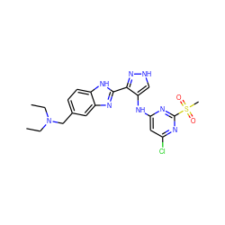 CCN(CC)Cc1ccc2[nH]c(-c3n[nH]cc3Nc3cc(Cl)nc(S(C)(=O)=O)n3)nc2c1 ZINC000096271623