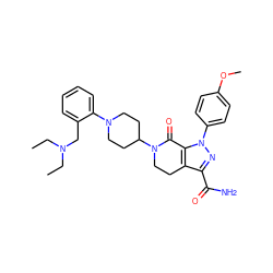 CCN(CC)Cc1ccccc1N1CCC(N2CCc3c(C(N)=O)nn(-c4ccc(OC)cc4)c3C2=O)CC1 ZINC000014969593