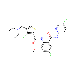 CCN(CC)Cc1csc(C(=O)Nc2c(OC)cc(Cl)cc2C(=O)Nc2ccc(Cl)cn2)c1Cl ZINC000014963038