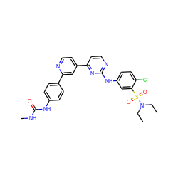 CCN(CC)S(=O)(=O)c1cc(Nc2nccc(-c3ccnc(-c4ccc(NC(=O)NC)cc4)c3)n2)ccc1Cl ZINC000095576167