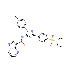 CCN(CC)S(=O)(=O)c1ccc(-c2cc(NC(=O)c3cnn4cccnc34)n(-c3ccc(C)cc3)n2)cc1 ZINC000145883714