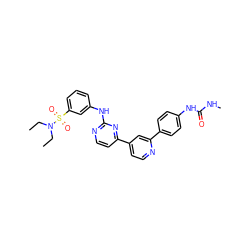 CCN(CC)S(=O)(=O)c1cccc(Nc2nccc(-c3ccnc(-c4ccc(NC(=O)NC)cc4)c3)n2)c1 ZINC000095578446