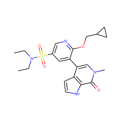 CCN(CC)S(=O)(=O)c1cnc(OCC2CC2)c(-c2cn(C)c(=O)c3[nH]ccc23)c1 ZINC000146789790