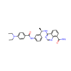 CCN(CC)c1ccc(C(=O)Nc2cccc([C@@H](C)Nc3ncnc4c(C(N)=O)cccc34)c2)cc1 ZINC000068245988