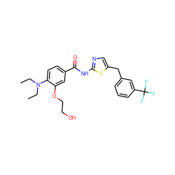 CCN(CC)c1ccc(C(=O)Nc2ncc(Cc3cccc(C(F)(F)F)c3)s2)cc1OCCO ZINC000043022486