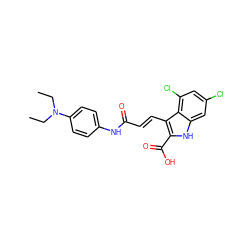 CCN(CC)c1ccc(NC(=O)/C=C/c2c(C(=O)O)[nH]c3cc(Cl)cc(Cl)c23)cc1 ZINC000013761297