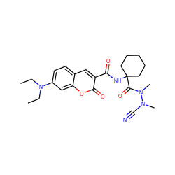 CCN(CC)c1ccc2cc(C(=O)NC3(C(=O)N(C)N(C)C#N)CCCCC3)c(=O)oc2c1 ZINC000095558607