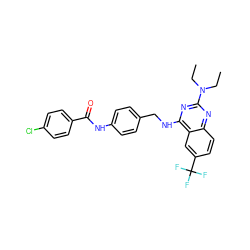 CCN(CC)c1nc(NCc2ccc(NC(=O)c3ccc(Cl)cc3)cc2)c2cc(C(F)(F)F)ccc2n1 ZINC000144761068