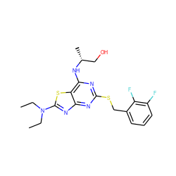 CCN(CC)c1nc2nc(SCc3cccc(F)c3F)nc(N[C@H](C)CO)c2s1 ZINC000028820793