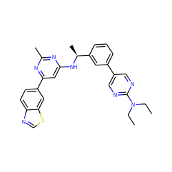 CCN(CC)c1ncc(-c2cccc([C@H](C)Nc3cc(-c4ccc5ncsc5c4)nc(C)n3)c2)cn1 ZINC000653670166