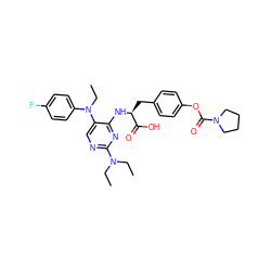 CCN(CC)c1ncc(N(CC)c2ccc(F)cc2)c(N[C@@H](Cc2ccc(OC(=O)N3CCCC3)cc2)C(=O)O)n1 ZINC000096273526