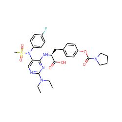 CCN(CC)c1ncc(N(c2ccc(F)cc2)S(C)(=O)=O)c(N[C@@H](Cc2ccc(OC(=O)N3CCCC3)cc2)C(=O)O)n1 ZINC000096273506