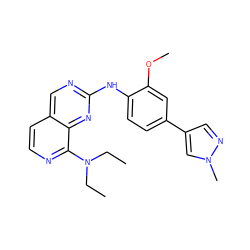 CCN(CC)c1nccc2cnc(Nc3ccc(-c4cnn(C)c4)cc3OC)nc12 ZINC000224094262