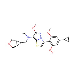 CCN(CC1[C@H]2COC[C@H]12)c1c(OC)nn2c(-c3c(OC)cc(C4CC4)cc3OC)csc12 ZINC000100626692