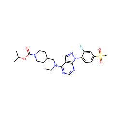 CCN(CC1CCN(C(=O)OC(C)C)CC1)c1ncnc2c1cnn2-c1ccc(S(C)(=O)=O)cc1F ZINC000071329783