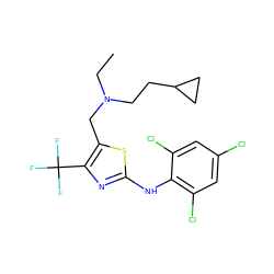 CCN(CCC1CC1)Cc1sc(Nc2c(Cl)cc(Cl)cc2Cl)nc1C(F)(F)F ZINC000028133504