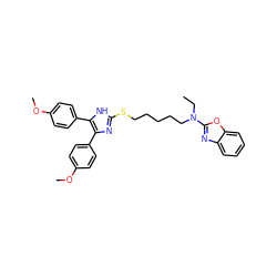 CCN(CCCCCSc1nc(-c2ccc(OC)cc2)c(-c2ccc(OC)cc2)[nH]1)c1nc2ccccc2o1 ZINC000029480914