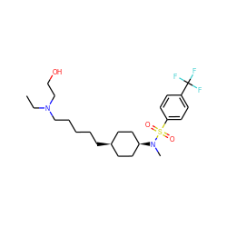 CCN(CCO)CCCCC[C@H]1CC[C@@H](N(C)S(=O)(=O)c2ccc(C(F)(F)F)cc2)CC1 ZINC000146539944